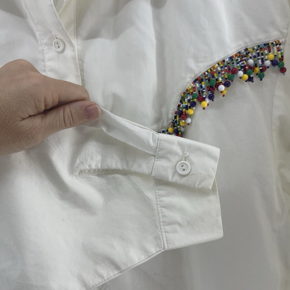 Vintage 90s Beaded Button Up Shirt Women's L White Fringe Western Funky Boho - Picture 4 of 16
